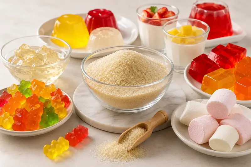 Gelatin được ứng dụng trong sản xuất kẹo dẻo, rau câu nhờ đặc điểm trong suốt, không mùi vị