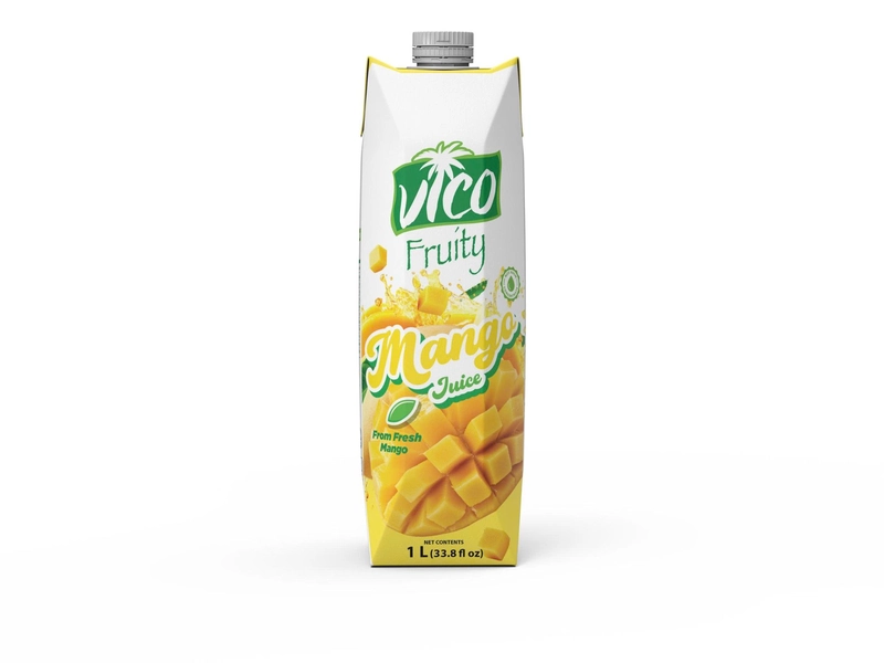 Hộp nước ép xoài Vico Fruity 1 lít in hình lát xoài chín vàng trên vỏ hộp