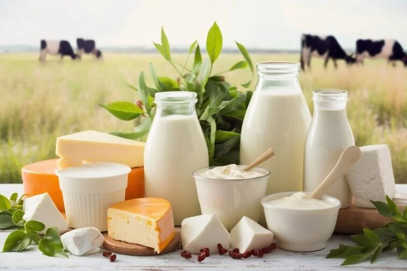Sữa tươi, phô mai và sữa chua bày trên bàn gỗ, phía sau là đàn bò sữa trên đồng cỏ