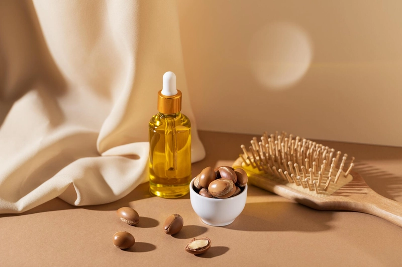 Lọ tinh dầu argan vàng óng cạnh bát hạt argan, lược gỗ và tấm vải lụa, nguyên liệu life science cho chăm sóc tóc